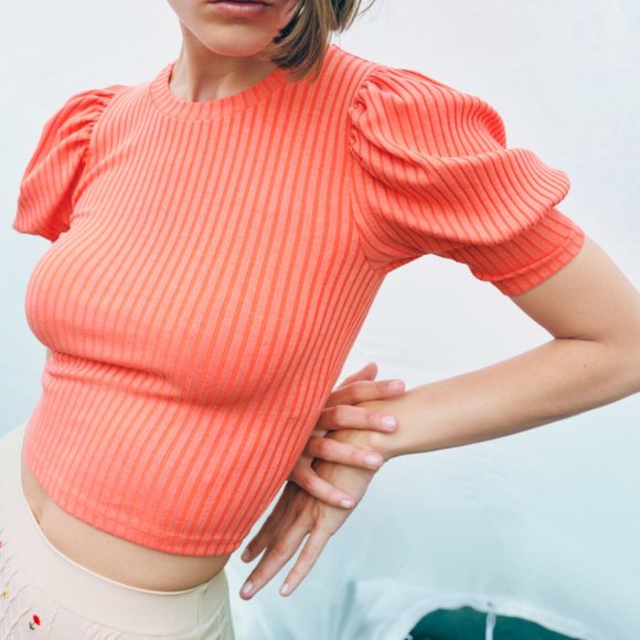 Zara Tops - Zara Ribbed Puff Short Sleeve Stretchy Crop Top Orange Size Small
